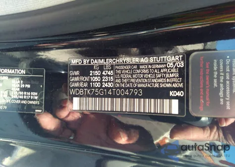 2004 Mercedes-Benz Clk 500 из США, поврежденный, VIN WDBTK75G14T004793